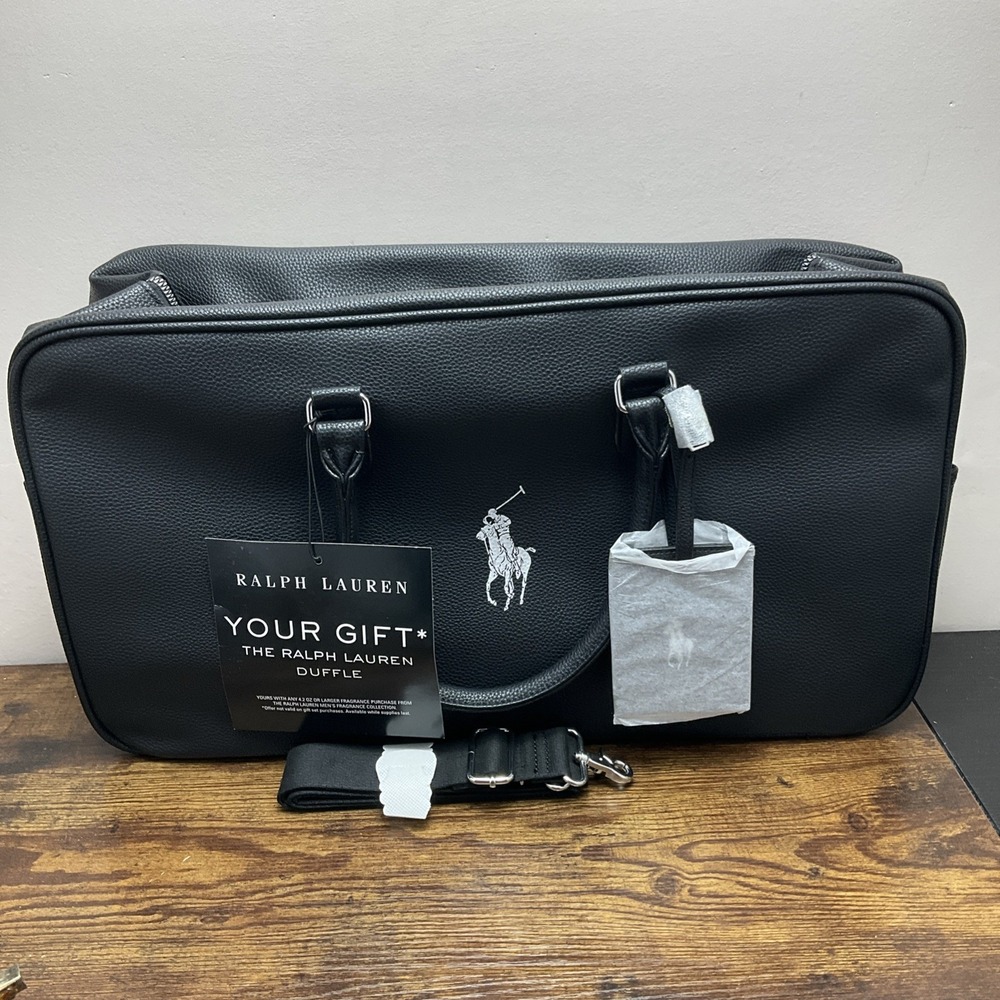 Ralph Lauren Fragrances Duffle Black Faux Leather Travel Shoulder Gym Bag New